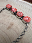 Navajo Handmade Spiny Oyster Necklace by Tia Long - 18 inch - Cowhide and Conchos