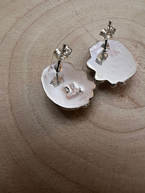 Navajo Handmade Spiny Oyster Post Earrings by Donovan Nez - Cowhide and Conchos