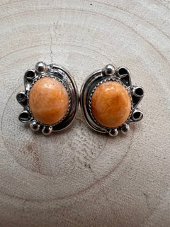 Navajo Handmade Spiny Oyster Post Earrings by Donovan Nez - Cowhide and Conchos