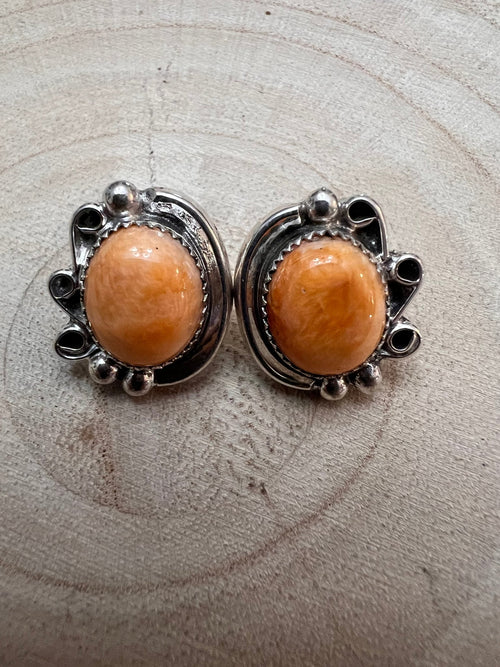 Navajo Handmade Spiny Oyster Post Earrings by Donovan Nez - Cowhide and Conchos