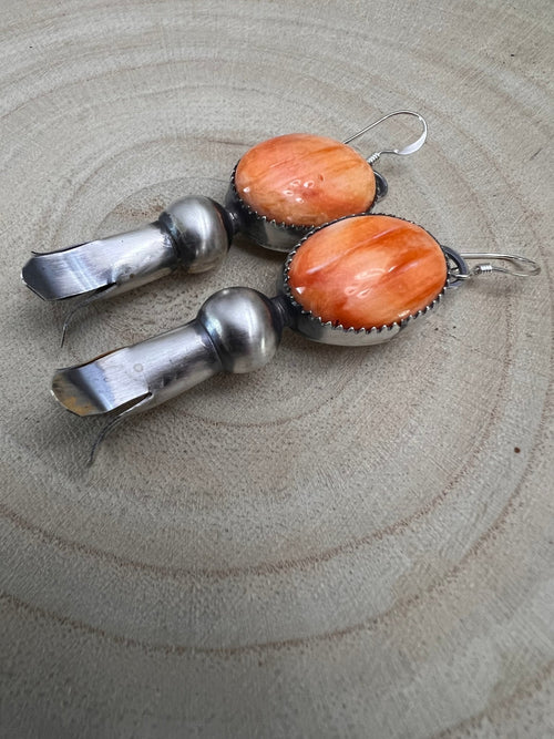 Navajo Handmade Spiny Oyster Squash Blossom Earrings by Tia Long - Cowhide and Conchos