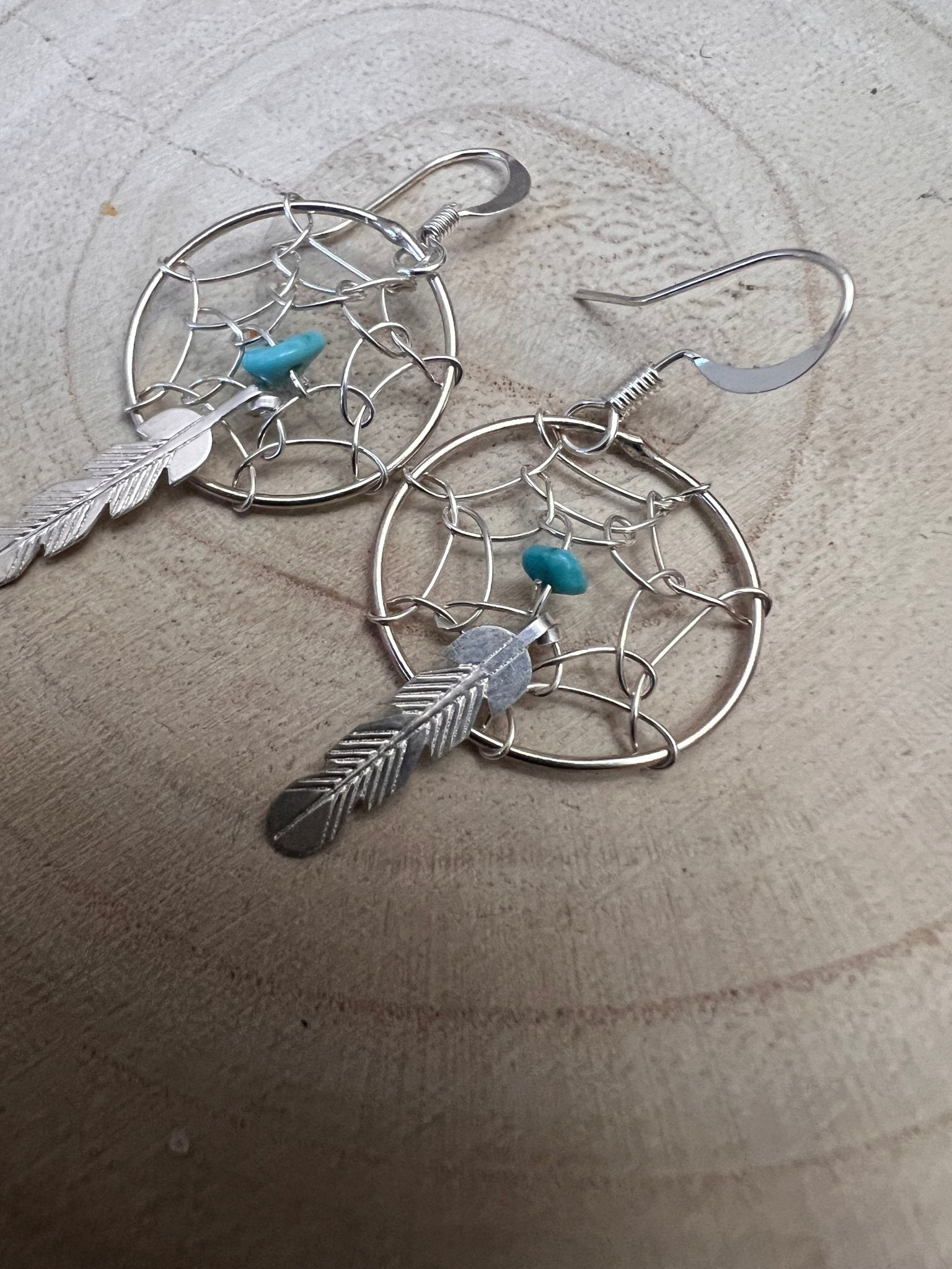 Navajo Handmade Sterling & Kingman Turquoise Dreamcatcher Earring - Cowhide and Conchos
