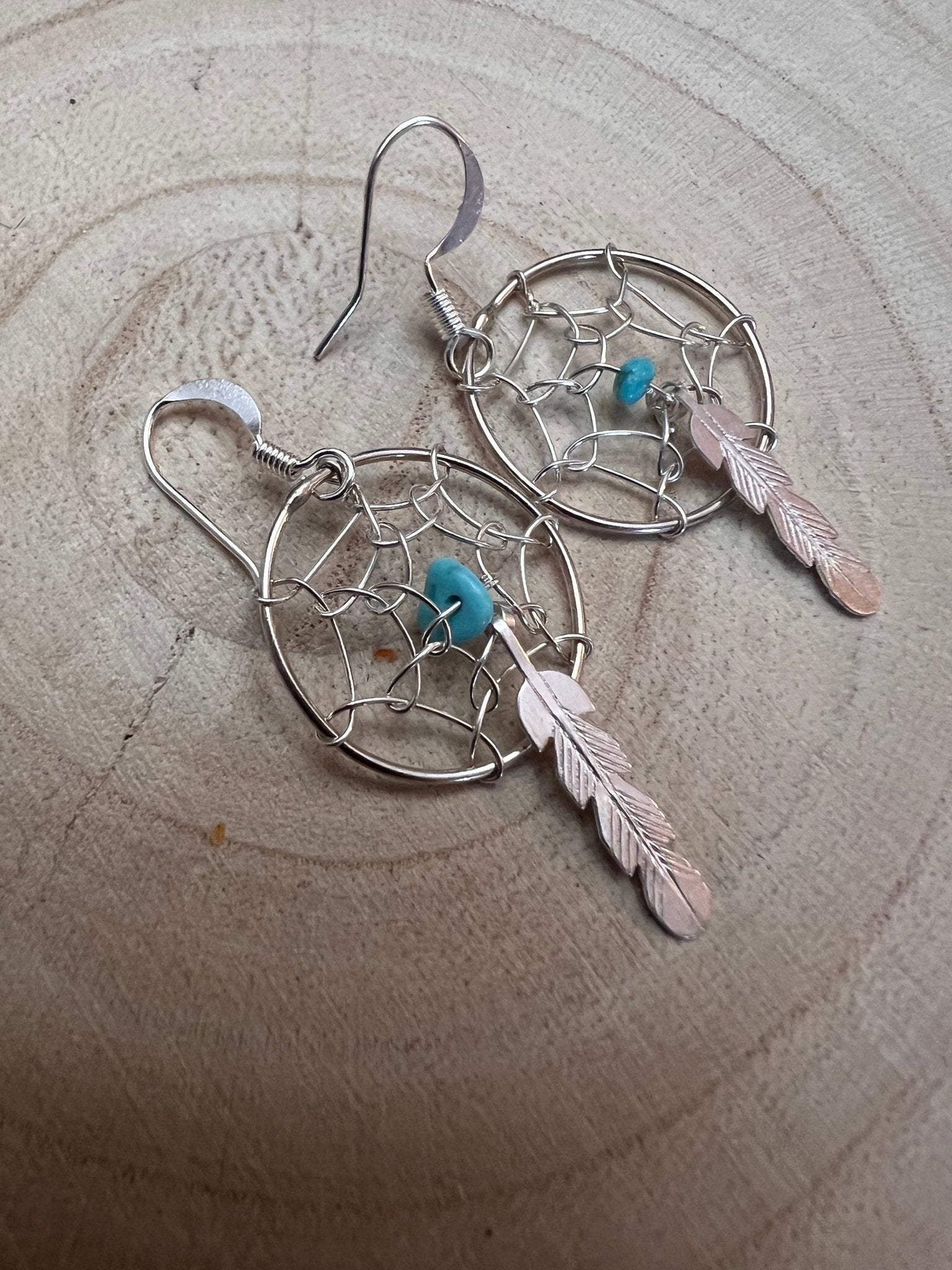 Navajo Handmade Sterling & Kingman Turquoise Dreamcatcher Earring - Cowhide and Conchos