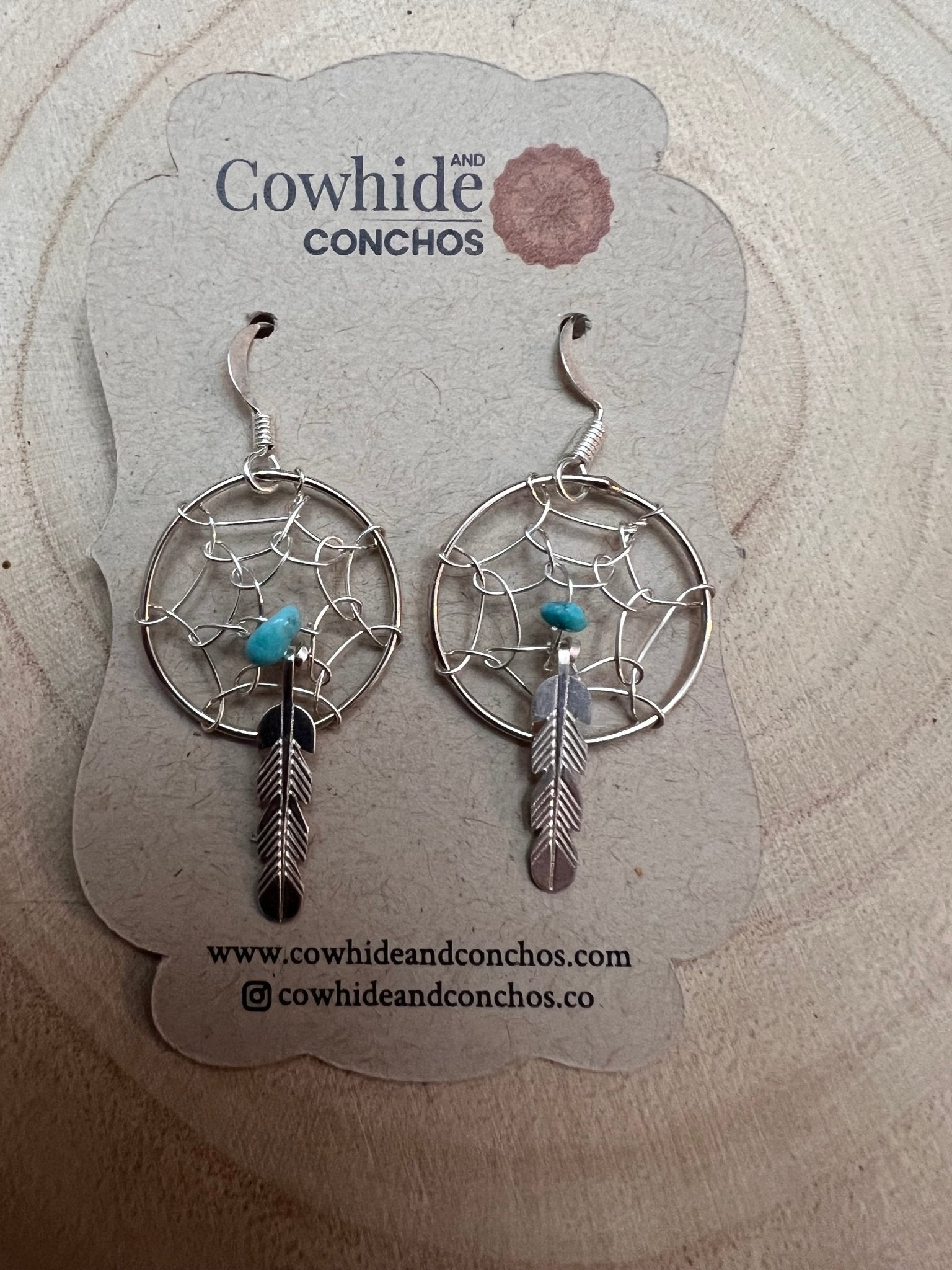 Navajo Handmade Sterling & Kingman Turquoise Dreamcatcher Earring - Cowhide and Conchos