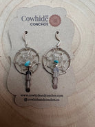 Navajo Handmade Sterling & Kingman Turquoise Dreamcatcher Earring - Cowhide and Conchos