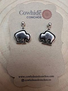 Navajo Handmade Sterling Silver Buffalo Earrings by Laura Blumber - Cowhide and Conchos