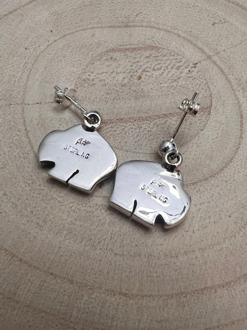Navajo Handmade Sterling Silver Buffalo Earrings by Laura Blumber - Cowhide and Conchos