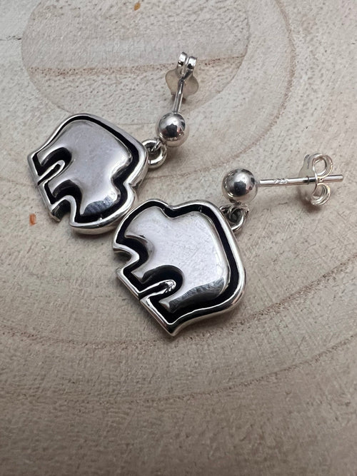 Navajo Handmade Sterling Silver Buffalo Earrings by Laura Blumber - Cowhide and Conchos