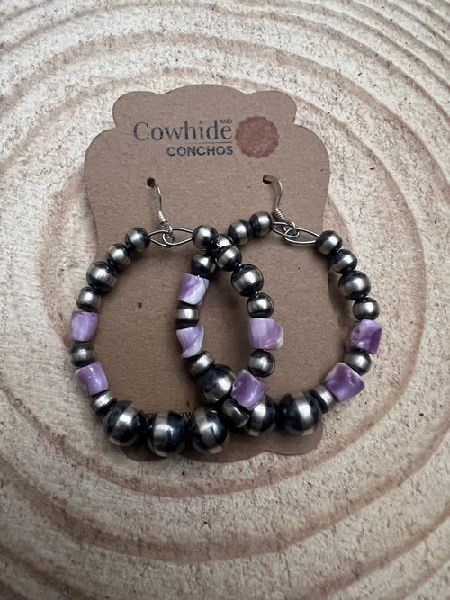 Navajo Pearl Hoop Earrings with Wampum Shell Beads - 1 1/2 inch drop - Cowhide and Conchos