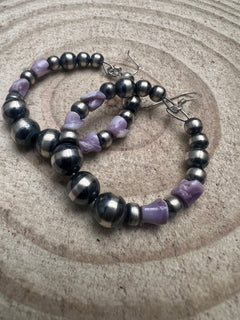 Navajo Pearl Hoop Earrings with Wampum Shell Beads - 1 1/2 inch drop - Cowhide and Conchos