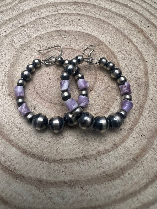 Navajo Pearl Hoop Earrings with Wampum Shell Beads - 1 1/2 inch drop - Cowhide and Conchos