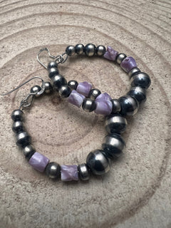 Navajo Pearl Hoop Earrings with Wampum Shell Beads - 1 1/2 inch drop - Cowhide and Conchos