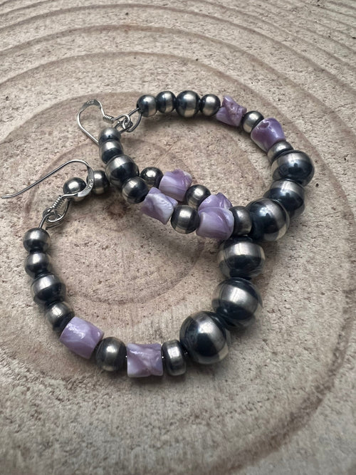 Navajo Pearl Hoop Earrings with Wampum Shell Beads - 1 1/2 inch drop - Cowhide and Conchos