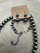 Navajo Style Pearl Necklace & Earring Set - 48 inch - Cowhide and Conchos