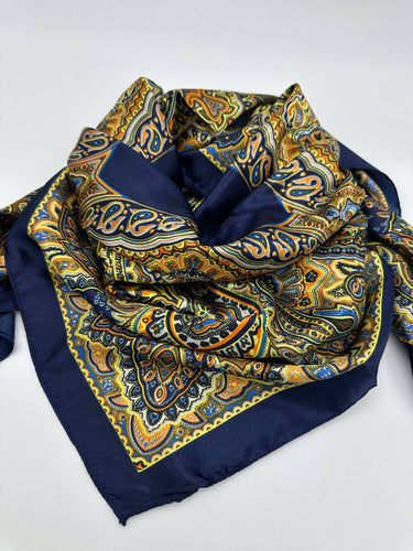 Navy & Gold Paisley Wild Rag - Cowhide and Conchos