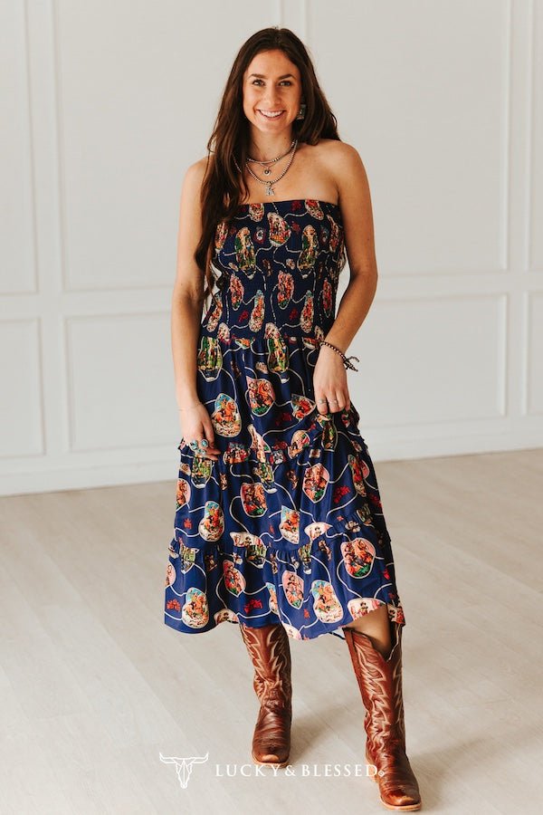 Navy Retro Rodeo Print Smocked Strapless Western Midi Dress - Cowhide and Conchos