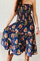 Navy Retro Rodeo Print Smocked Strapless Western Midi Dress - Cowhide and Conchos
