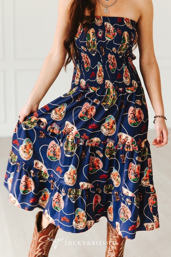 Navy Retro Rodeo Print Smocked Strapless Western Midi Dress - Cowhide and Conchos