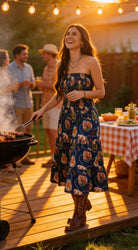 Navy Retro Rodeo Print Smocked Strapless Western Midi Dress - Cowhide and Conchos