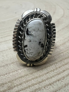 Norvin Johnson Navajo Handmade White Buffalo RIng - Size 8 - Cowhide and Conchos