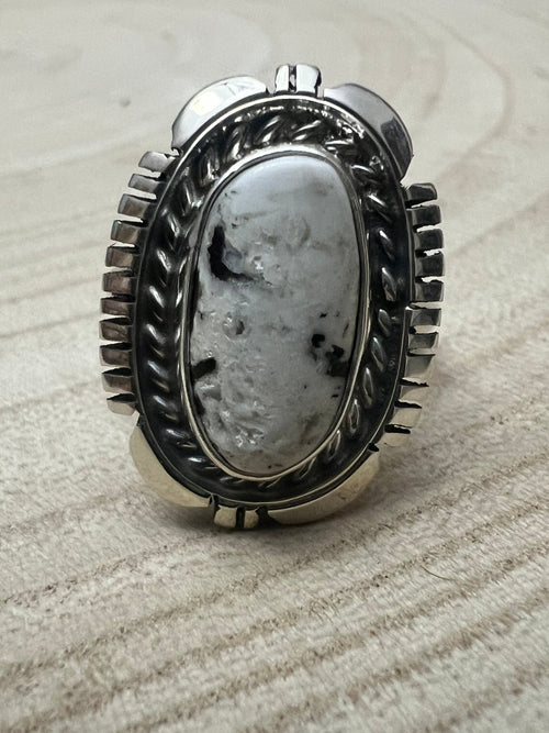 Norvin Johnson Navajo Handmade White Buffalo RIng - Size 8 - Cowhide and Conchos