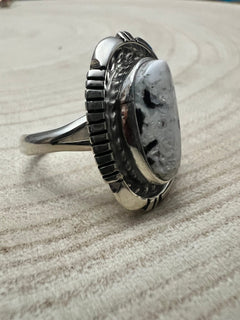 Norvin Johnson Navajo Handmade White Buffalo RIng - Size 8 - Cowhide and Conchos