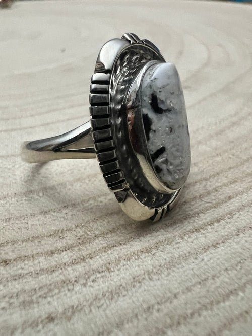 Norvin Johnson Navajo Handmade White Buffalo RIng - Size 8 - Cowhide and Conchos
