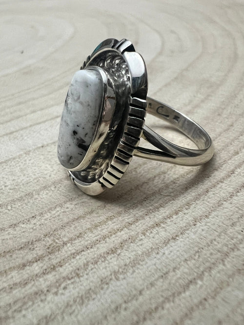 Norvin Johnson Navajo Handmade White Buffalo RIng - Size 8 - Cowhide and Conchos