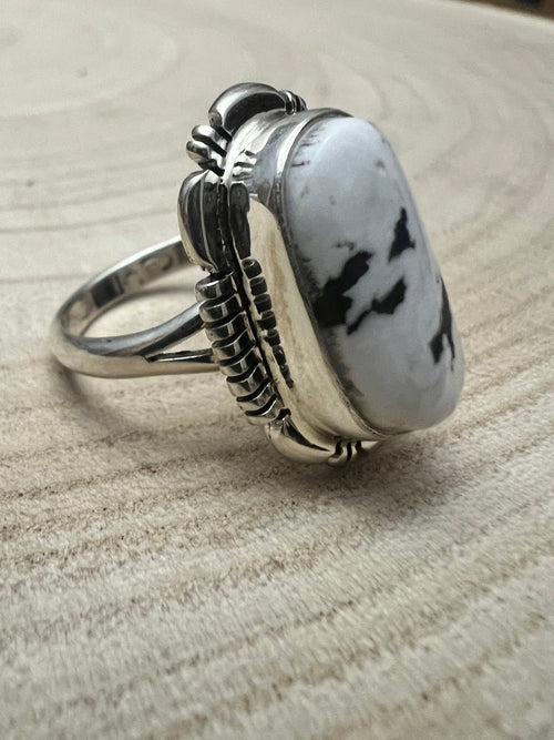 Norvin Johnson Navajo Handmade White Buffalo RIng - Size 9 - Cowhide and Conchos