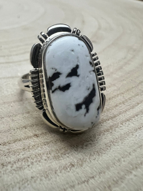 Norvin Johnson Navajo Handmade White Buffalo RIng - Size 9 - Cowhide and Conchos