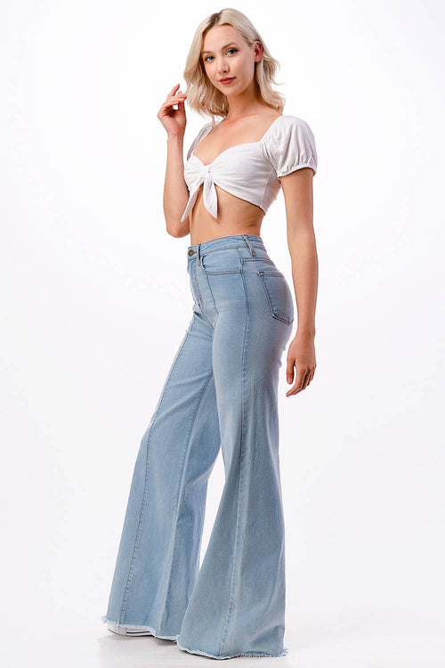 O2 Front Seam Wide Leg Denim Jeans - Light Wash - Cowhide and Conchos