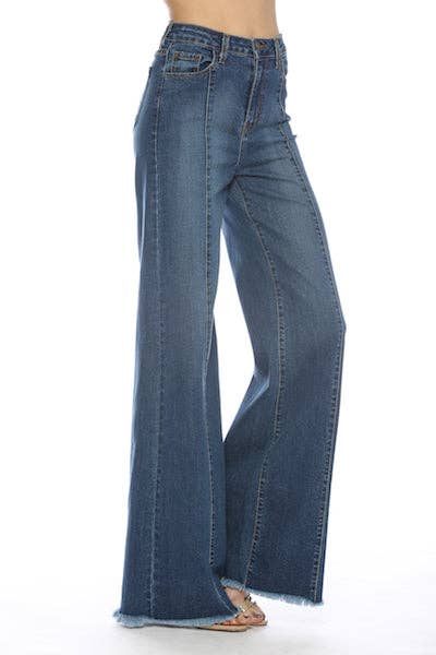 O2 Front Seam Wide Leg Denim Jeans - Medium Wash - Cowhide and Conchos