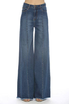 O2 Front Seam Wide Leg Denim Jeans - Medium Wash - Cowhide and Conchos