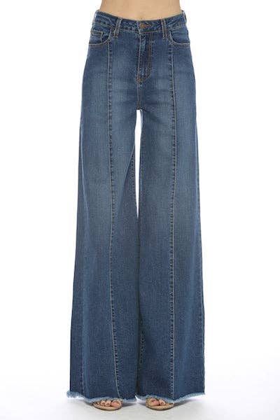 O2 Front Seam Wide Leg Denim Jeans - Medium Wash - Cowhide and Conchos