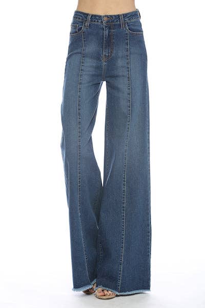 O2 Front Seam Wide Leg Denim Jeans - Medium Wash - Cowhide and Conchos