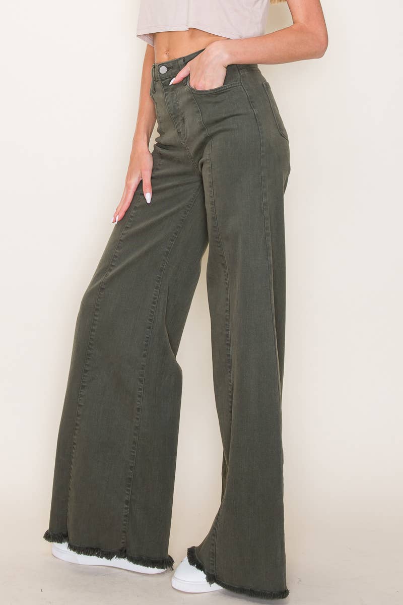 O2 Front Seam Wide Leg Denim Jeans - Olive - Cowhide and Conchos