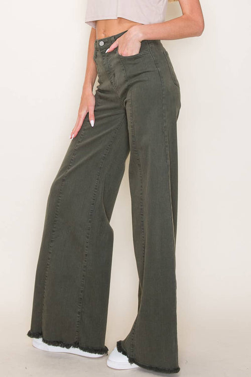 O2 Front Seam Wide Leg Denim Jeans - Olive - Cowhide and Conchos