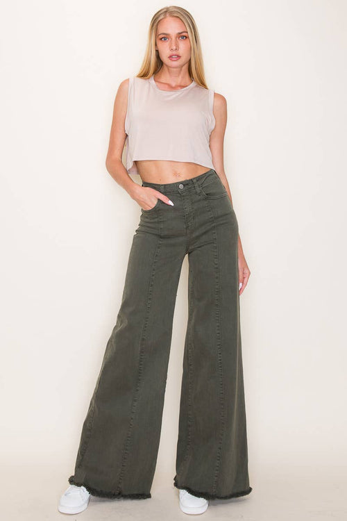 O2 Front Seam Wide Leg Denim Jeans - Olive - Cowhide and Conchos