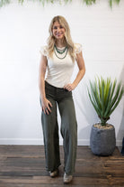 O2 Front Seam Wide Leg Denim Jeans - Olive - Cowhide and Conchos