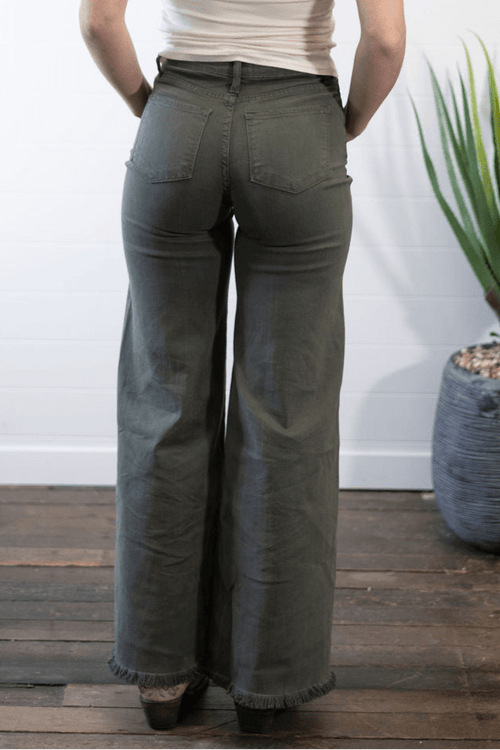 O2 Front Seam Wide Leg Denim Jeans - Olive - Cowhide and Conchos