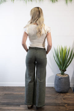 O2 Front Seam Wide Leg Denim Jeans - Olive - Cowhide and Conchos