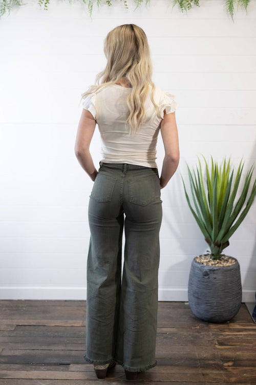 O2 Front Seam Wide Leg Denim Jeans - Olive - Cowhide and Conchos