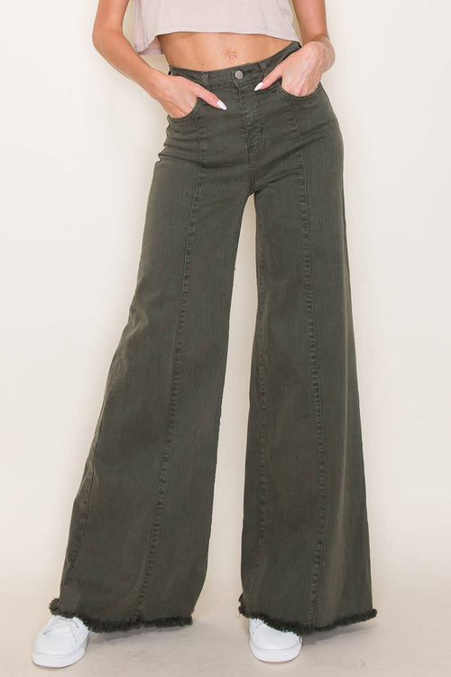 O2 Front Seam Wide Leg Denim Jeans - Olive - Cowhide and Conchos