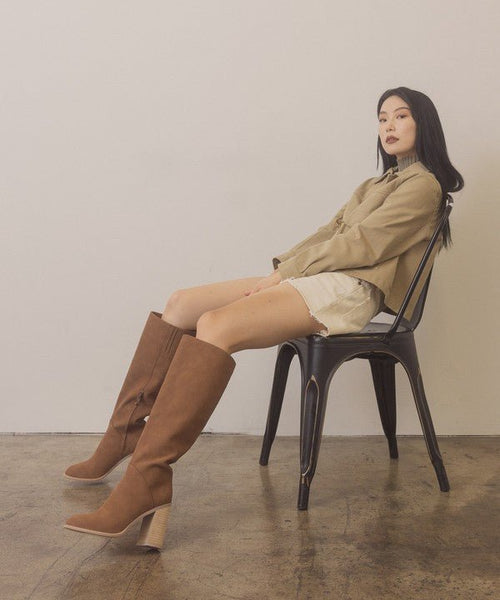 OASIS SOCIETY Shiloh - Knee High Block Heel Boots - Cowhide and Conchos
