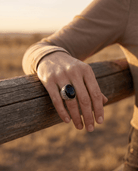 Old Pawn Sterling Silver Onyx Ring — Size 13 (Vintage Native American, Men's Statement) - Cowhide and Conchos