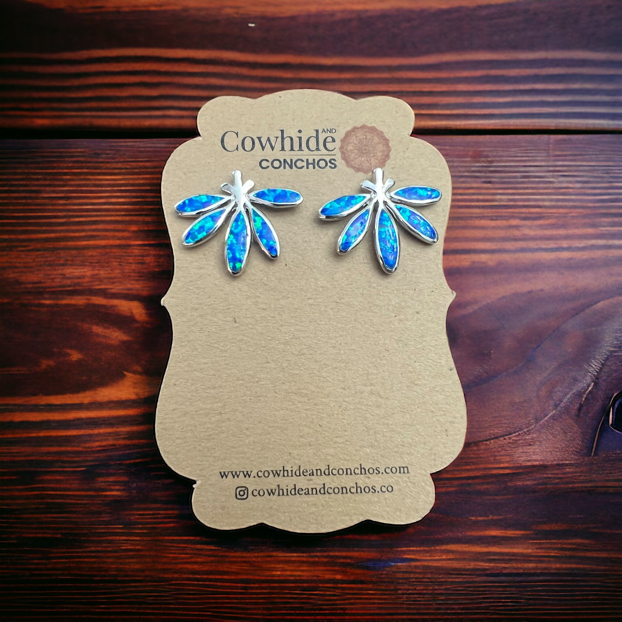 Opalite & Sterling Silver Post Earrings - Cowhide and Conchos