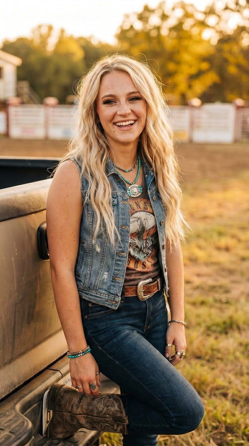 Western Spade & Faux Turquoise Statement Necklace - 18" Silver Tone