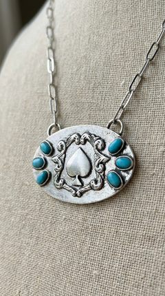 Western Spade & Faux Turquoise Statement Necklace - 18" Silver Tone