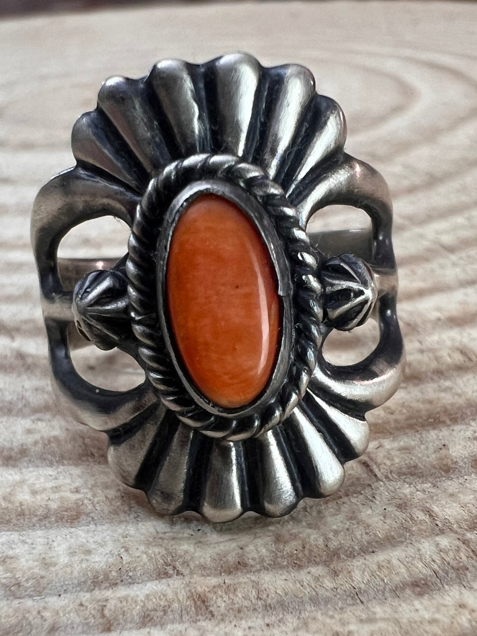 Orange Spiny Sunray Ring by Victor Coriz - Size 8.5 - Cowhide and Conchos