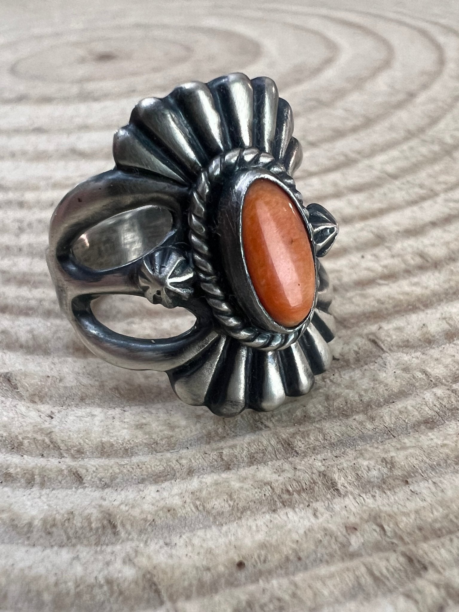 Orange Spiny Sunray Ring by Victor Coriz - Size 8.5 - Cowhide and Conchos